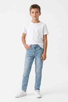 Light blue denim jeans for boys, front view with button closure and belt loops