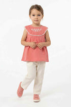 Coral baby girl embroidered sleeveless dress with lace-trimmed neckline