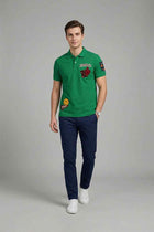 Men's bright green polo shirt with emoji chest patch, short sleeves, button placket