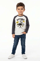 Baby boys raglan sleeve graphic T-shirt, black sleeves and white front, cartoon hero print