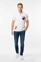 Men's white polo shirt with red EMOJI graphic and smiley patch