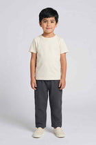 Baby boy wearing dark gray textured pull-on pants with elastic waistband