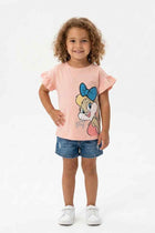 Pink baby girls T-shirt with ruffle sleeves and cartoon character graphic