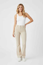 Women's corduroy pants in ecru, straight leg with front pockets and belt loops