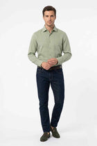 Men's green textured button-down shirt, front view with chest pocket