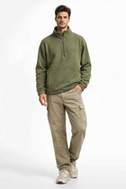 Men's olive half-zip pullover with quarter zipper and front kangaroo pocket