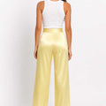 Yellow satin wide-leg trousers with high waist, back view, ankle-length