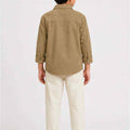 Brown boys corduroy button-down shirt, back view with collar and long sleeves
