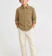 Brown boys corduroy button-down shirt on boy, front view with chest pockets