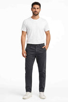 Men's slim-fit grey chinos with button fly, belt loops, and front pockets