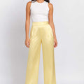 Yellow satin wide-leg trousers for women with high waist and straight drape