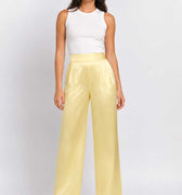 Yellow satin wide-leg trousers for women with high waist and straight drape