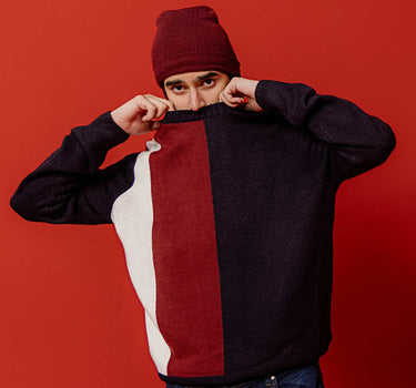 Color Block Crew Neck Sweater For Men - Navy 