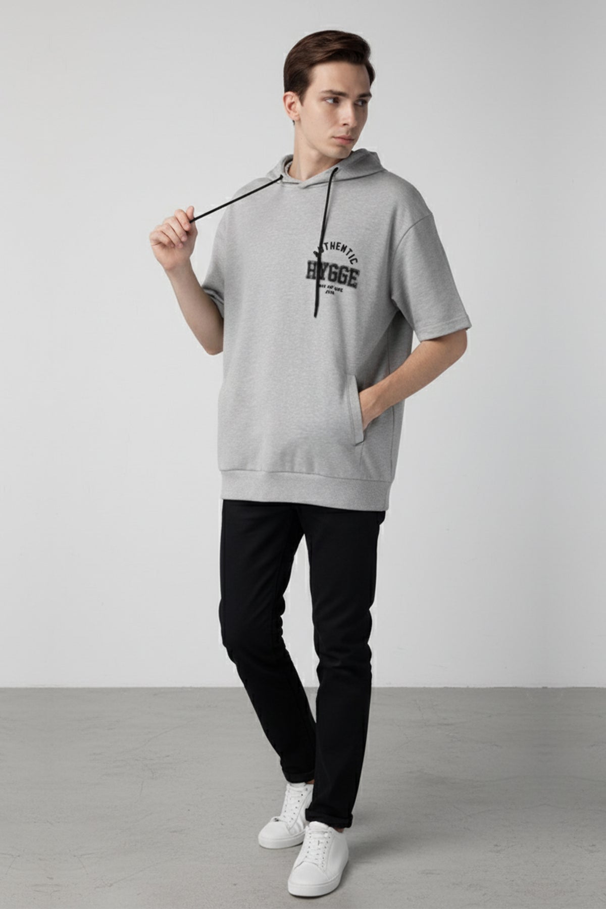 Half Sleeves Hoodie For Men - Light Grey