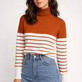Women's striped pullover sweater in brown with white stripes, ribbed mock neck and cuffs