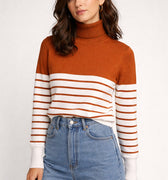 Women's striped pullover sweater in brown with white stripes, ribbed mock neck and cuffs