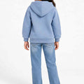 Back view blue girls' zip hoodie with hood and full-length sleeves
