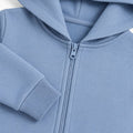 Blue zip-up hoodie with hood and ribbed cuffs, front zipper detail