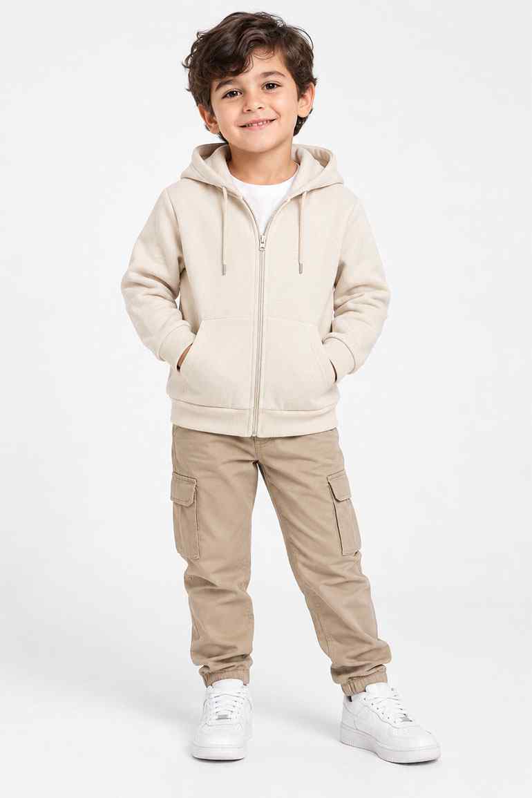 Cream zip hoodie for boys with hood and front zipper; drawstring ties and pockets