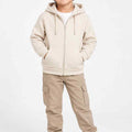 Cream zip hoodie for boys with hood and front zipper; drawstring ties and pockets