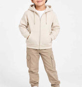 Cream zip hoodie for boys with hood and front zipper; drawstring ties and pockets
