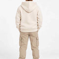 Cream boys zip hoodie, back view with hood and ribbed cuffs