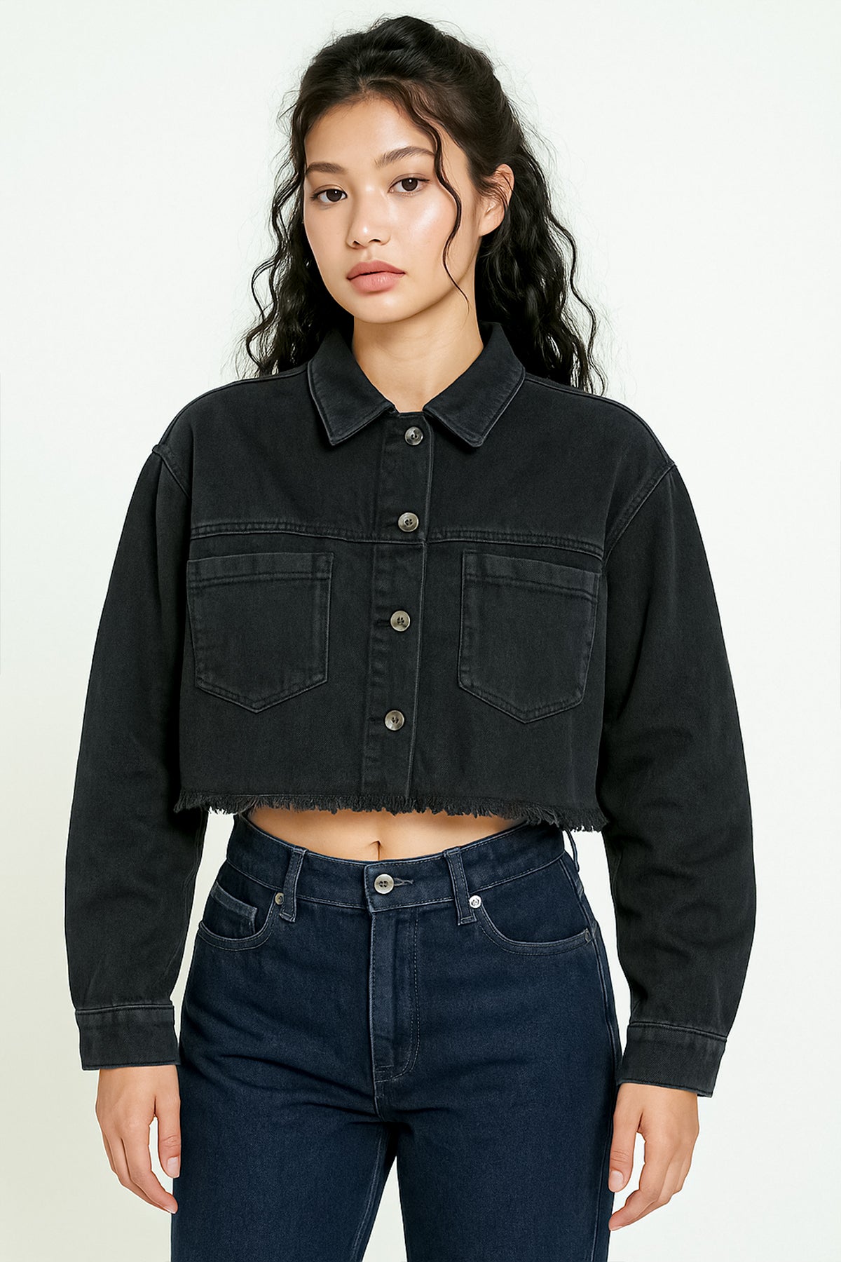 Cropped Shacket For Women - Black