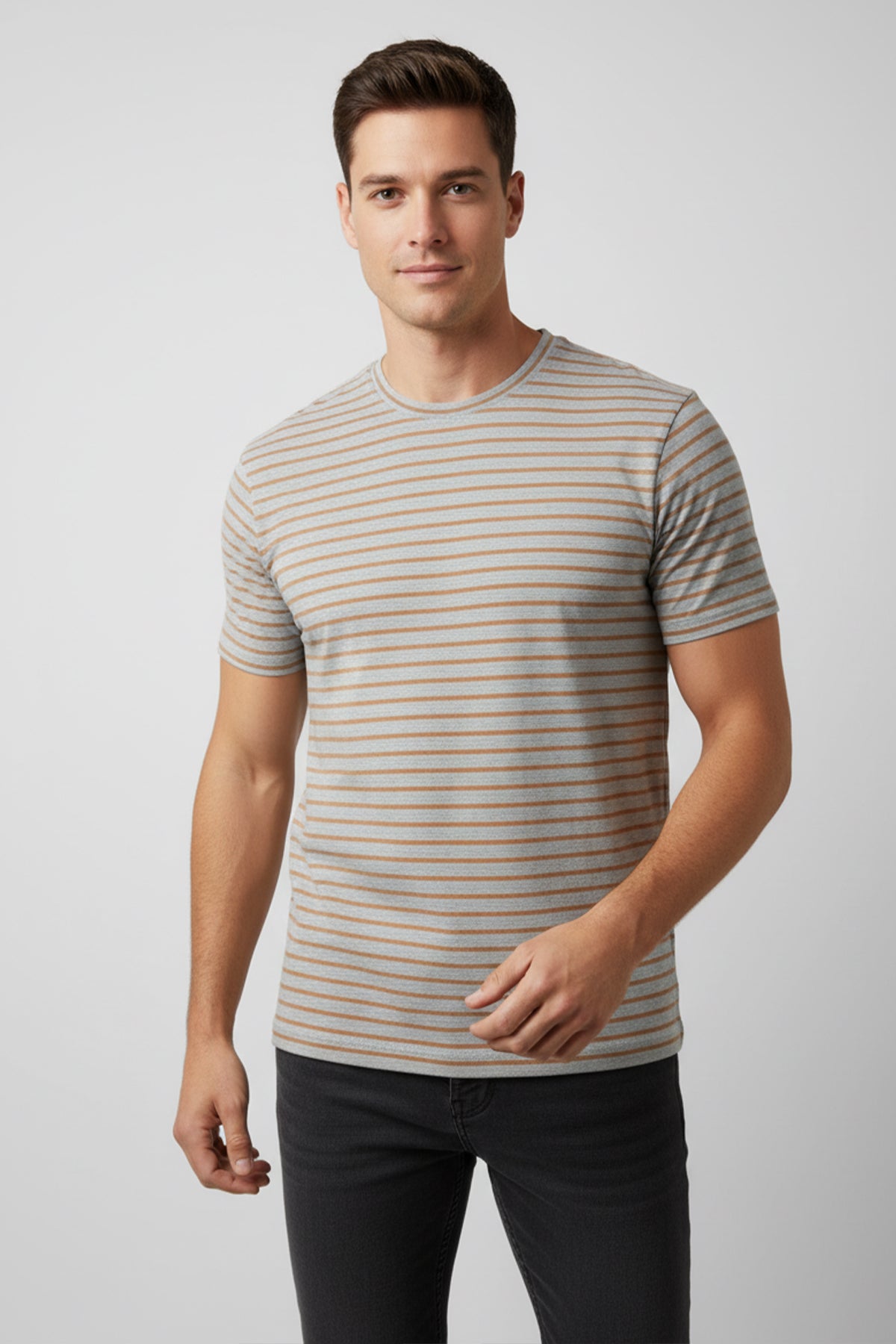Striped Crew Neck T-Shirt For Men - Grey