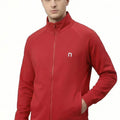 Men's zip-up sweat jacket in tango red, stand collar, full front zipper, logo on chest