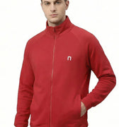 Men's zip-up sweat jacket in tango red, stand collar, full front zipper, logo on chest