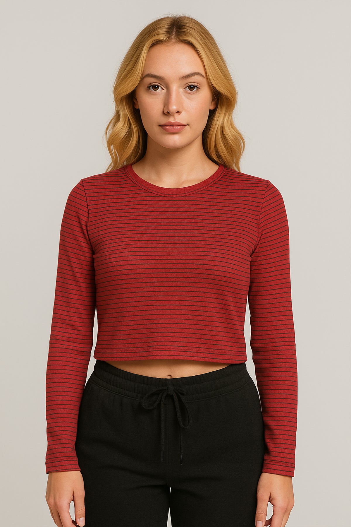 Striped Crop T-Shirt Long Sleeves For Women - Maroon