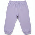 Lilac baby jogger trousers, flat lay with elastic waistband and cuffed legs