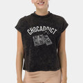Black women's printed T-shirt with CHOCADDICT text and square graphic, crew neck, short sleeves
