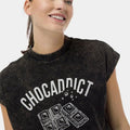 Black women's T-shirt with 'CHOCADDICT' text and square graphic, crew neck, short sleeves
