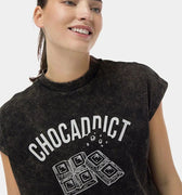 Black women's T-shirt with 'CHOCADDICT' text and square graphic, crew neck, short sleeves