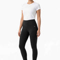 Women's black leggings, full length with curved waistband and ankle cuffs