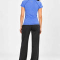 Women's blue solid crew-neck T-shirt, short sleeves, back view