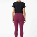 Purple high-waist back view leggings with full-length tapered leg