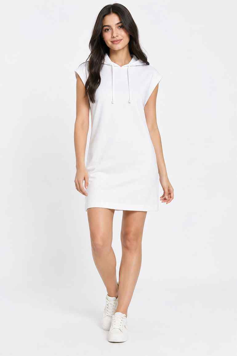 White women's sleeveless hoodie dress on model, front view with hood.