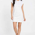 White women's sleeveless hoodie dress on model, front view with hood.