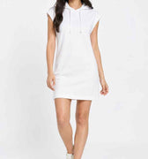 White women's sleeveless hoodie dress on model, front view with hood.