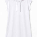 White women's sleeveless hoodie dress with hood and drawstring ties.