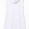 White women's sleeveless hoodie dress from back, full hood coverage.