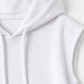 White women's sleeveless hoodie with hood and adjustable drawstring cords.