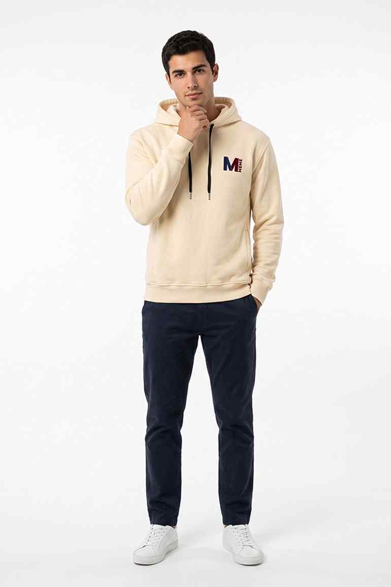 Men's ecru hoodie with hood drawcords, kangaroo pocket, and MEME logo