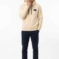 Men's ecru hoodie with hood drawcords, kangaroo pocket, and MEME logo