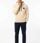 Men's ecru hoodie with hood drawcords, kangaroo pocket, and MEME logo