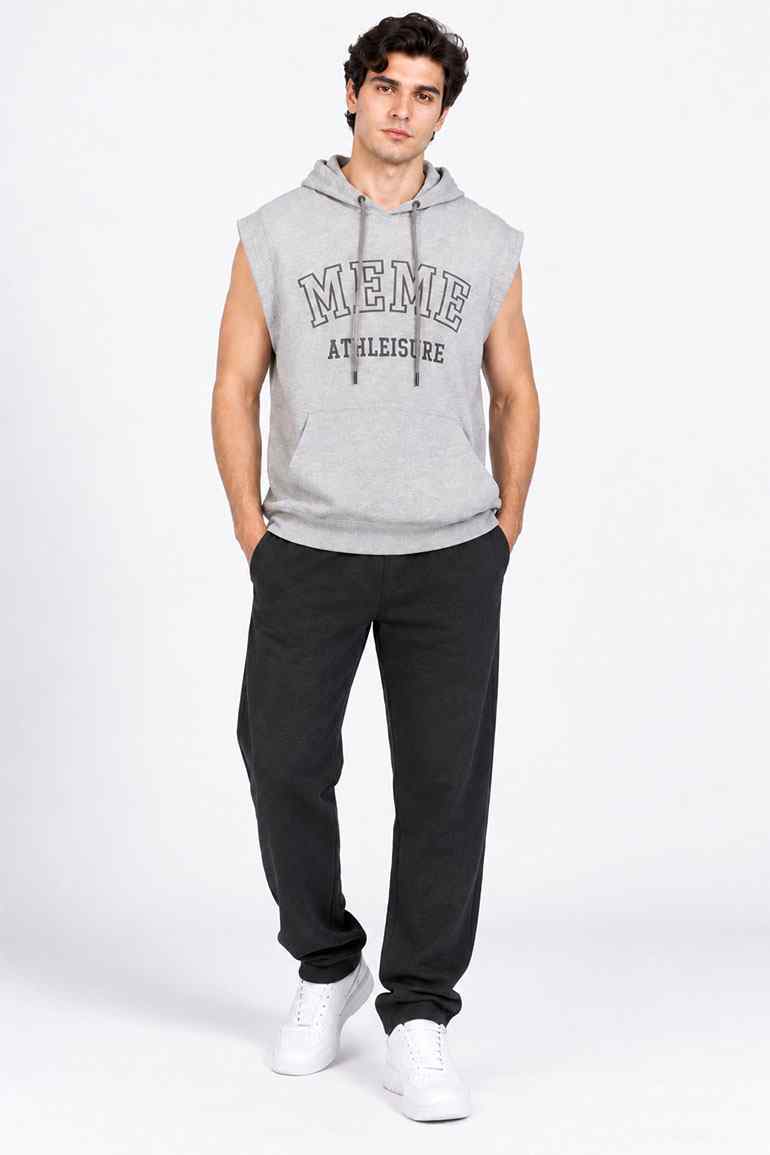 Heather grey sleeveless hoodie with hood, front print, and drawstring cords