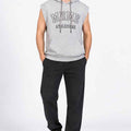 Heather grey sleeveless hoodie with hood, front print, and drawstring cords
