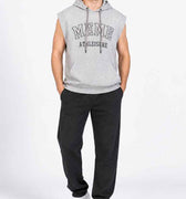 Heather grey sleeveless hoodie with hood, front print, and drawstring cords
